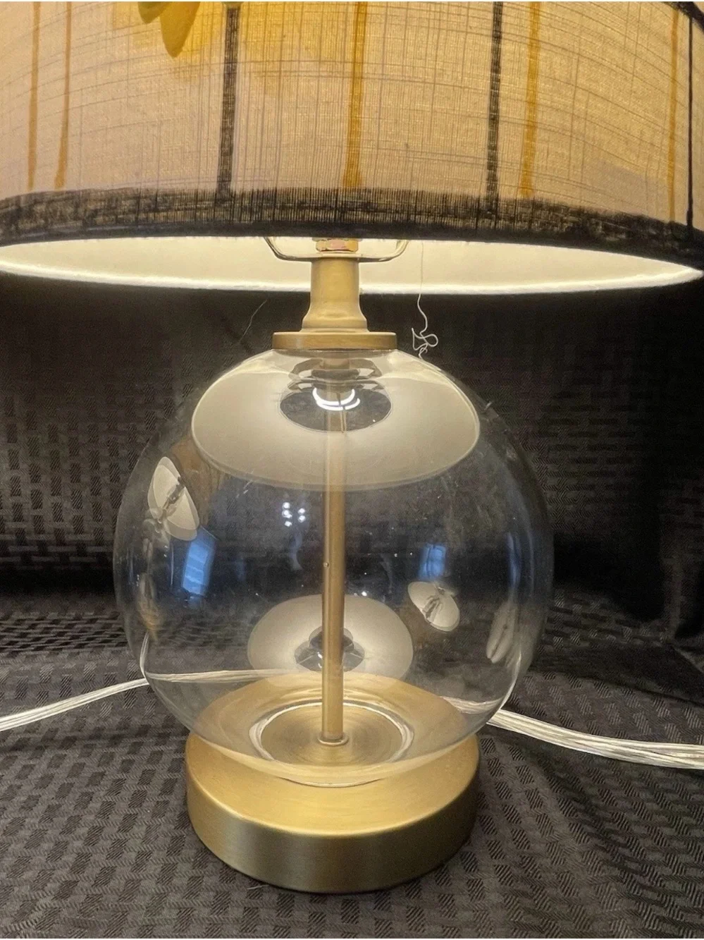 Stanley Clear Glass Globe Table Lamps with Yellow Floral Plaid Shades